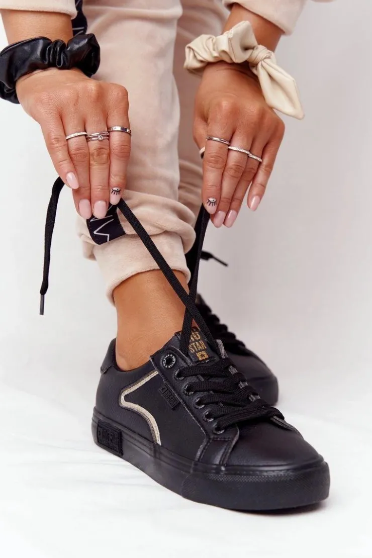 Damskie Big Star Shoes Damskie Skórzane Tenisówki BIG STAR HH274078 Czarno-Złote