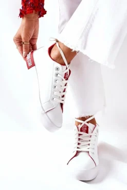 Damskie Big Star Shoes Damskie Skórzane Tenisówki BIG STAR II274032 Biało-Czerwone