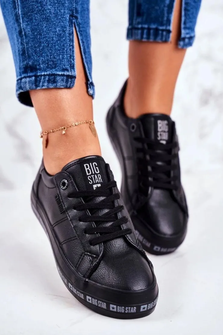 Big Star Shoes Trampki Damskie Big Star|Trampki Damskie Niskie*Damskie Skórzane Tenisówki Logowana Podeszwa Big Star GG274193 Czarne