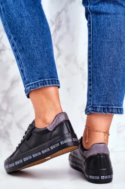 Big Star Shoes Trampki Damskie Big Star|Trampki Damskie Niskie*Damskie Skórzane Tenisówki Logowana Podeszwa Big Star GG274193 Czarne