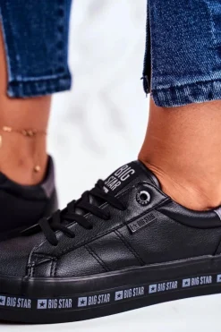 Big Star Shoes Trampki Damskie Big Star|Trampki Damskie Niskie*Damskie Skórzane Tenisówki Logowana Podeszwa Big Star GG274193 Czarne