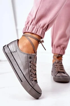 Big Star Shoes Trampki Damskie Big Star|Trampki Damskie Niskie*Damskie Skórzane Trampki BIG STAR II274003 Grafitowe