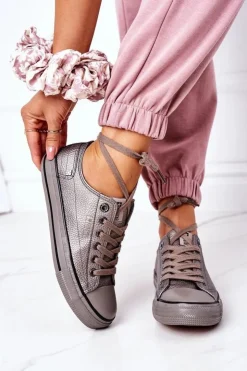 Big Star Shoes Trampki Damskie Big Star|Trampki Damskie Niskie*Damskie Skórzane Trampki BIG STAR II274003 Grafitowe