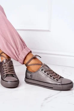 Big Star Shoes Trampki Damskie Big Star|Trampki Damskie Niskie*Damskie Skórzane Trampki BIG STAR II274003 Grafitowe