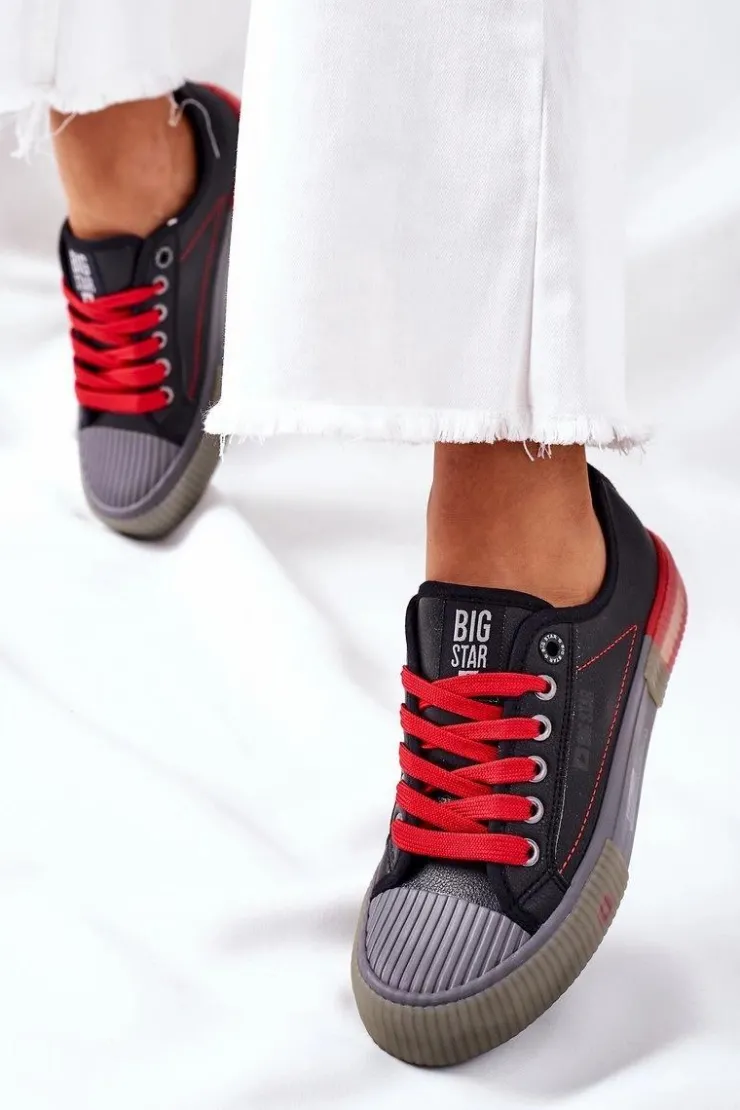 Big Star Shoes Trampki Damskie Big Star|Trampki Damskie Niskie*Damskie Skórzane Trampki BIG STAR II274134 Czarne