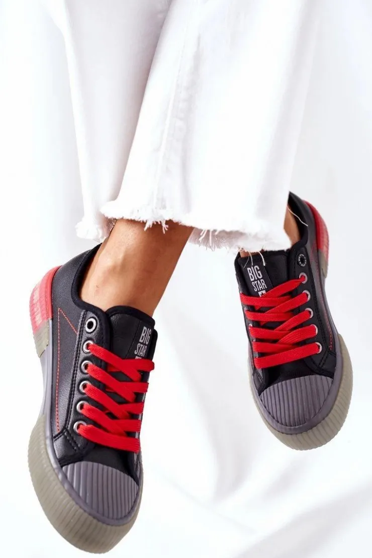 Big Star Shoes Trampki Damskie Big Star|Trampki Damskie Niskie*Damskie Skórzane Trampki BIG STAR II274134 Czarne