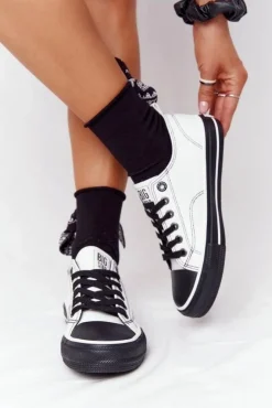 Big Star Shoes Trampki Damskie Big Star|Trampki Damskie Niskie*Damskie Skórzane Trampki BIG STAR HH274147 Biało-Czarne