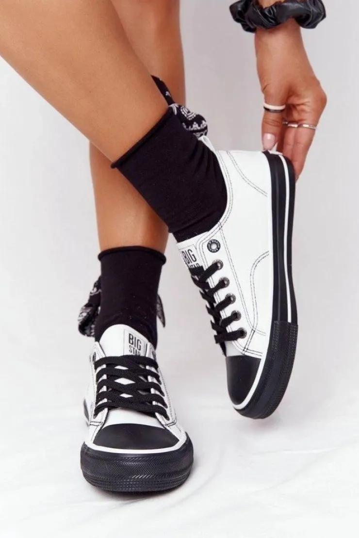 Big Star Shoes Trampki Damskie Big Star|Trampki Damskie Niskie*Damskie Skórzane Trampki BIG STAR HH274147 Biało-Czarne