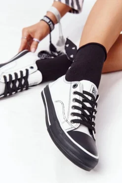 Big Star Shoes Trampki Damskie Big Star|Trampki Damskie Niskie*Damskie Skórzane Trampki BIG STAR HH274147 Biało-Czarne