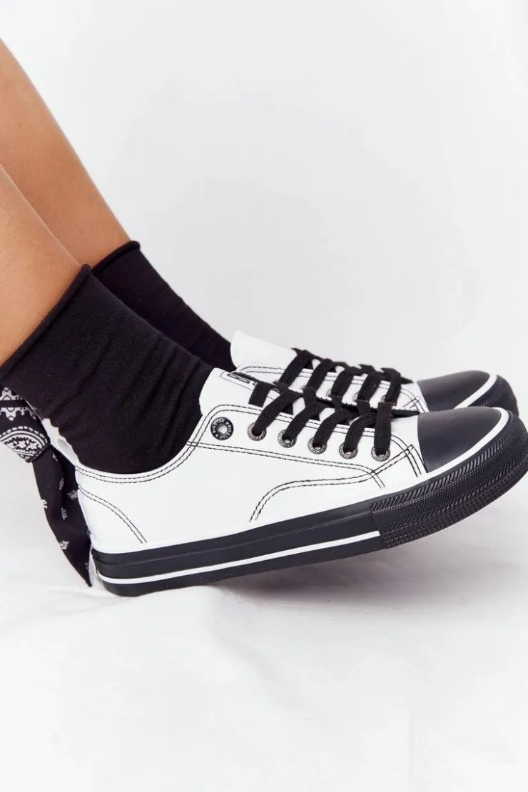 Big Star Shoes Trampki Damskie Big Star|Trampki Damskie Niskie*Damskie Skórzane Trampki BIG STAR HH274147 Biało-Czarne