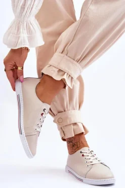 Damskie buty S.Barski Trampki Damskie Niskie*Damskie Skórzane Trampki Beżowe S.Barski LR268R Beżowy