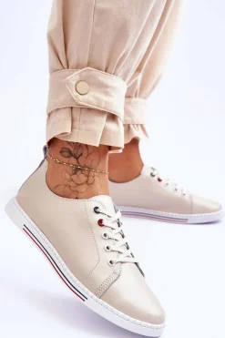 Damskie buty S.Barski Trampki Damskie Niskie*Damskie Skórzane Trampki Beżowe S.Barski LR268R Beżowy