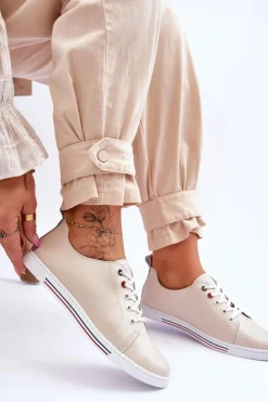 Damskie buty S.Barski Trampki Damskie Niskie*Damskie Skórzane Trampki Beżowe S.Barski LR268R Beżowy