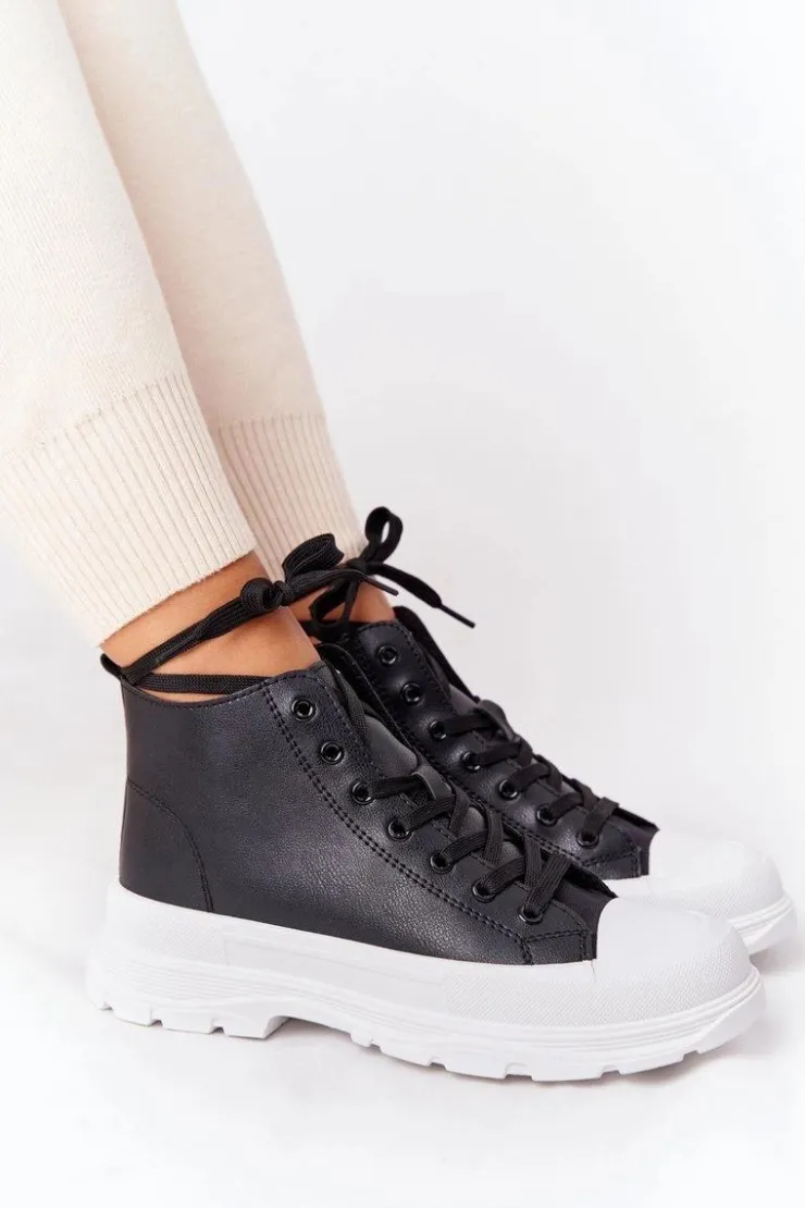 Boto Trampki Damskie Wysokie*Damskie Skórzane Trampki Na Dużej Podeszwie Czarne Trissy