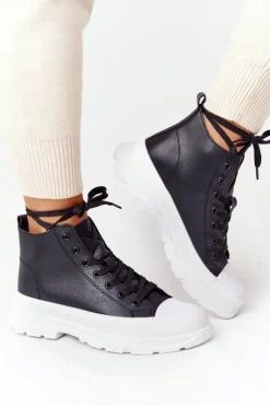 Boto Trampki Damskie Wysokie*Damskie Skórzane Trampki Na Dużej Podeszwie Czarne Trissy