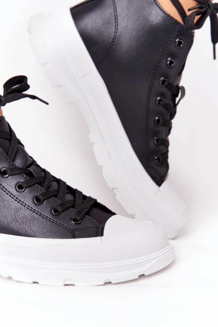 Boto Trampki Damskie Wysokie*Damskie Skórzane Trampki Na Dużej Podeszwie Czarne Trissy