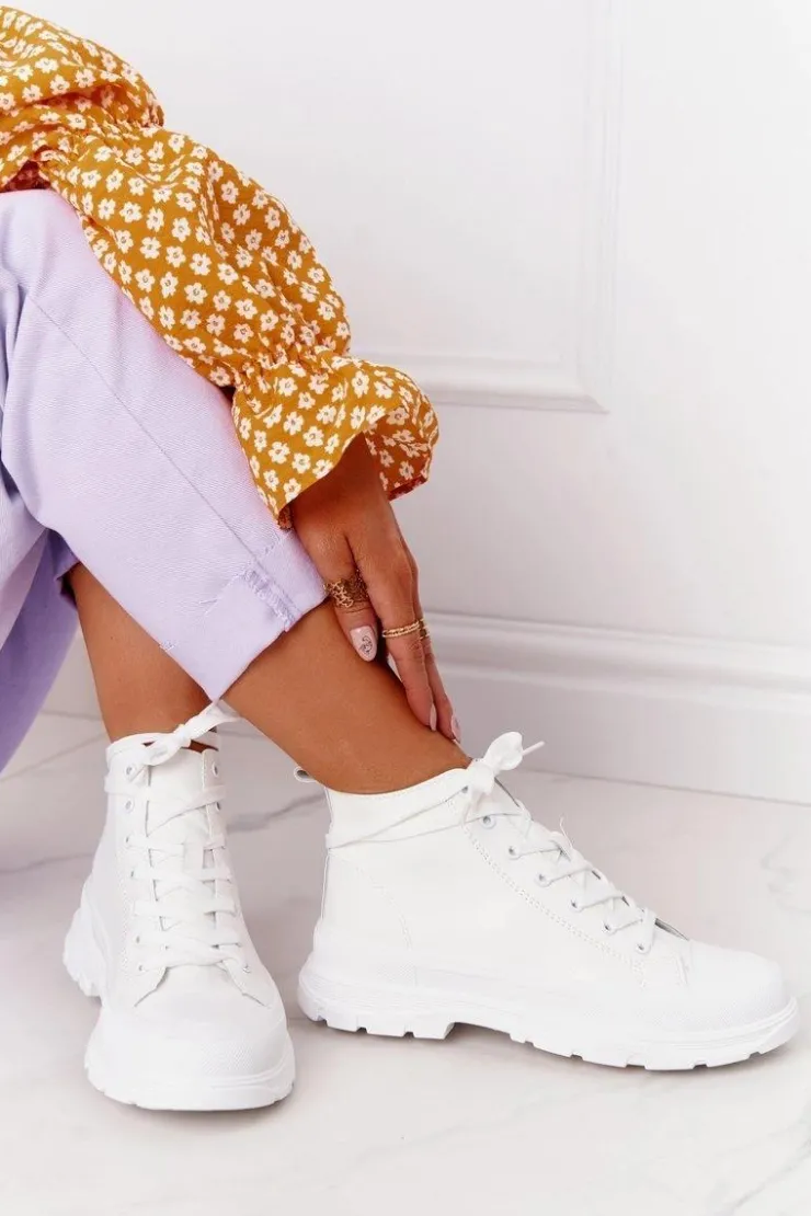 Hot Boto Damskie Skórzane Trampki Na Dużej Podeszwie Białe Trissy