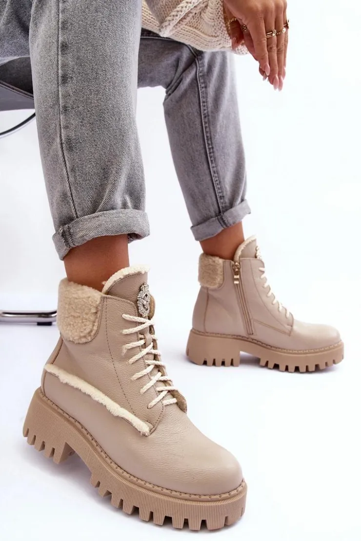 Zazoo Botki Ocieplane|Damskie Trapery*Damskie Skórzane Trapery Botki Beżowe Lemar Vergo