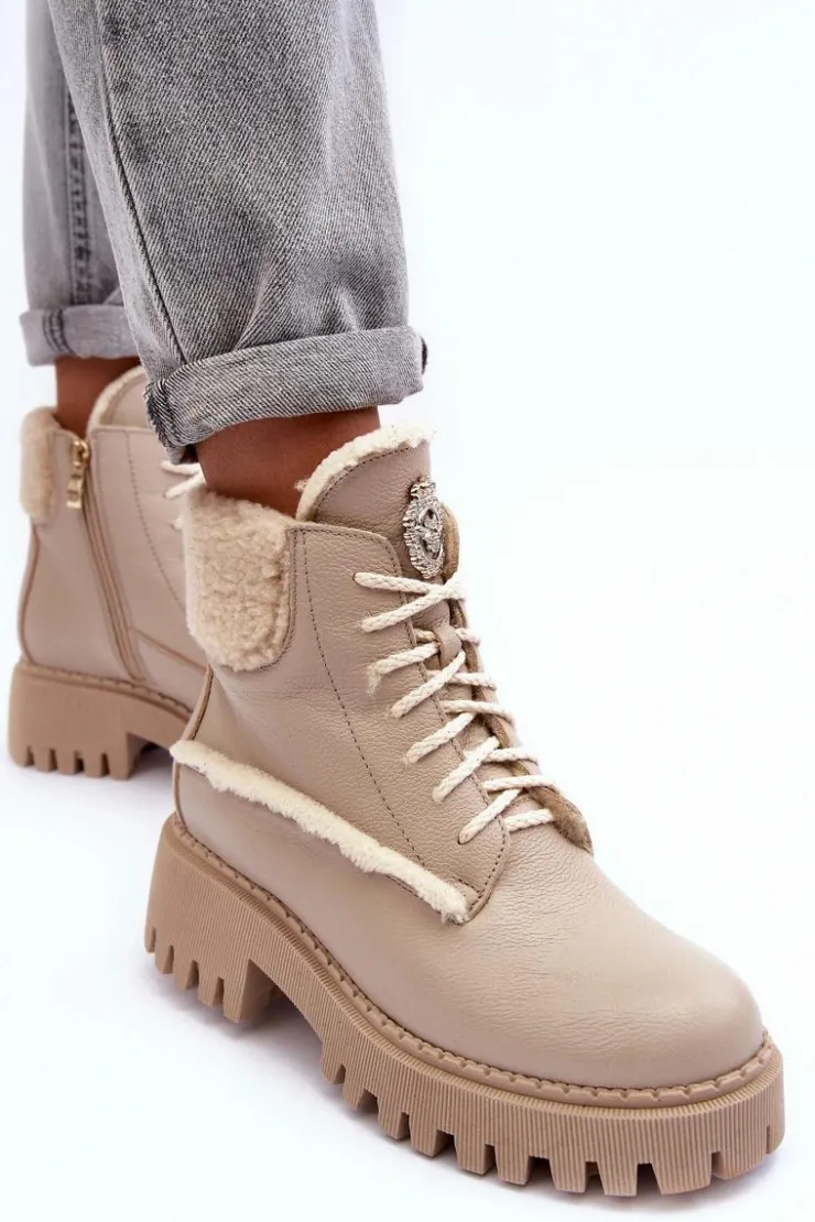 Zazoo Botki Ocieplane|Damskie Trapery*Damskie Skórzane Trapery Botki Beżowe Lemar Vergo