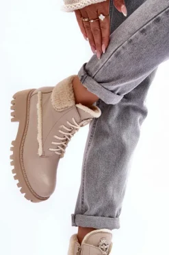 Zazoo Botki Ocieplane|Damskie Trapery*Damskie Skórzane Trapery Botki Beżowe Lemar Vergo