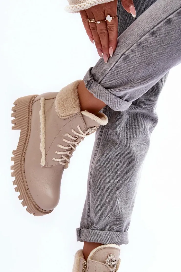 Zazoo Botki Ocieplane|Damskie Trapery*Damskie Skórzane Trapery Botki Beżowe Lemar Vergo