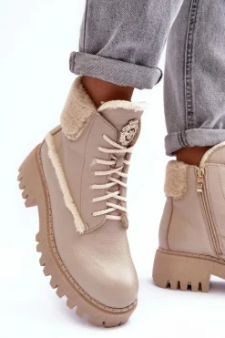 Zazoo Botki Ocieplane|Damskie Trapery*Damskie Skórzane Trapery Botki Beżowe Lemar Vergo