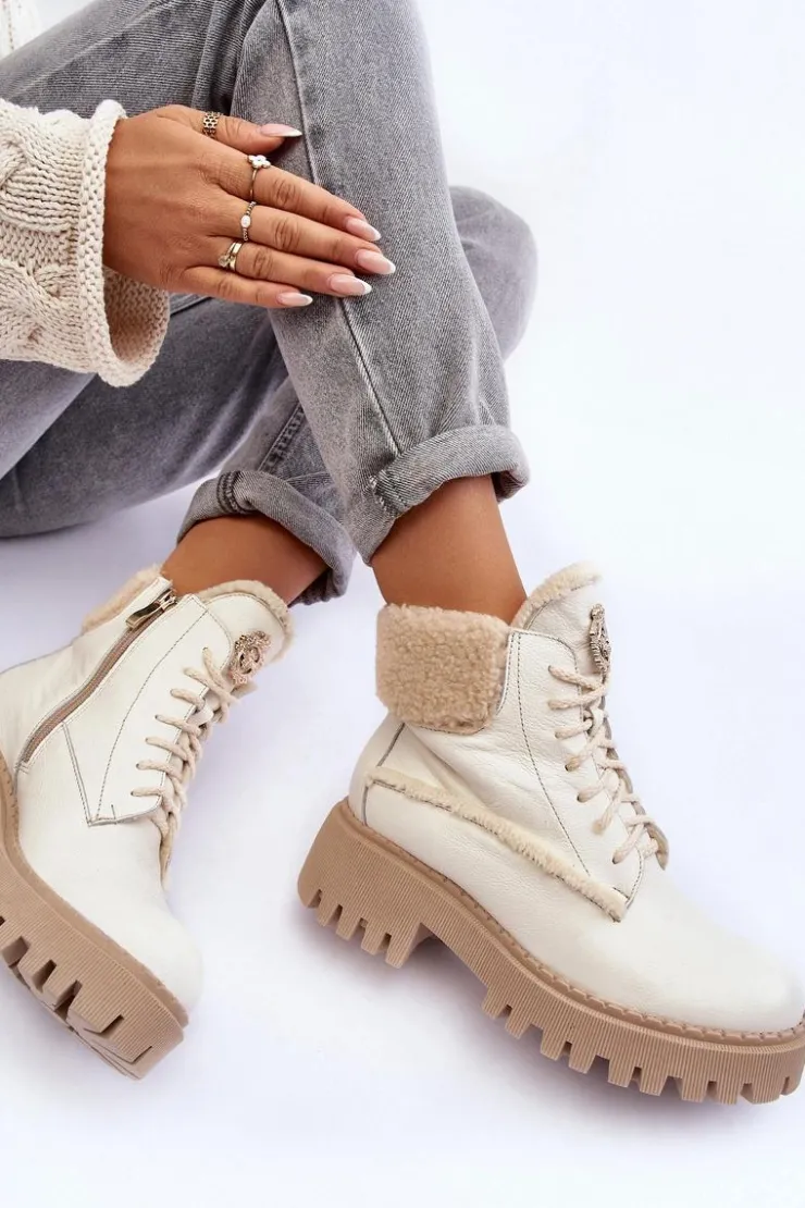 Damskie Zazoo Damskie Skórzane Trapery Botki Kremowe Lemar Vergo