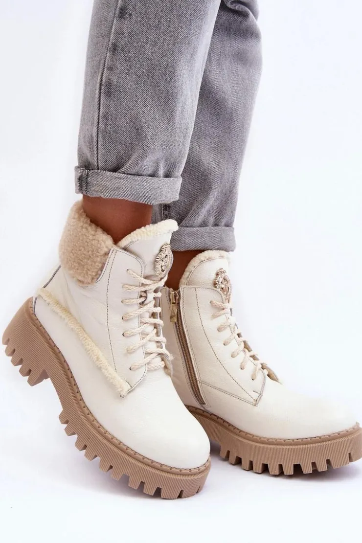 Damskie Zazoo Damskie Skórzane Trapery Botki Kremowe Lemar Vergo