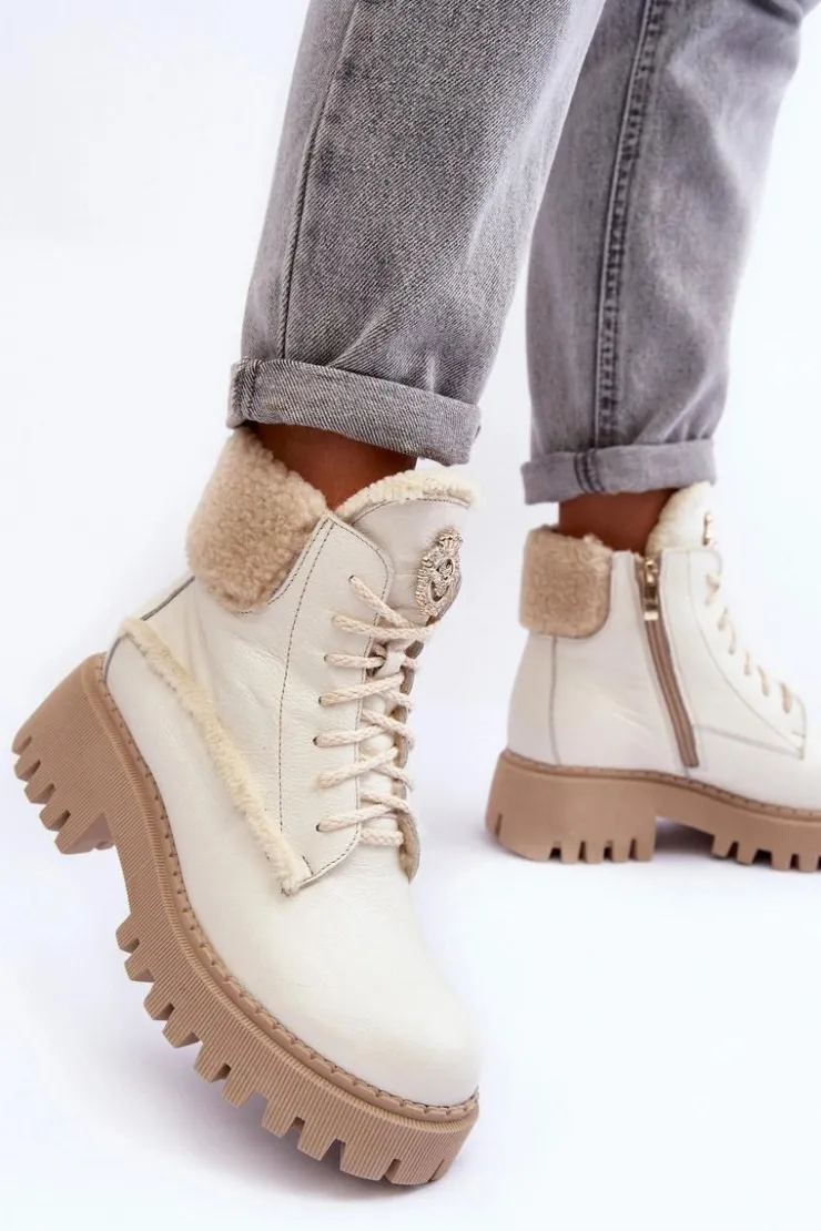 Damskie Zazoo Damskie Skórzane Trapery Botki Kremowe Lemar Vergo