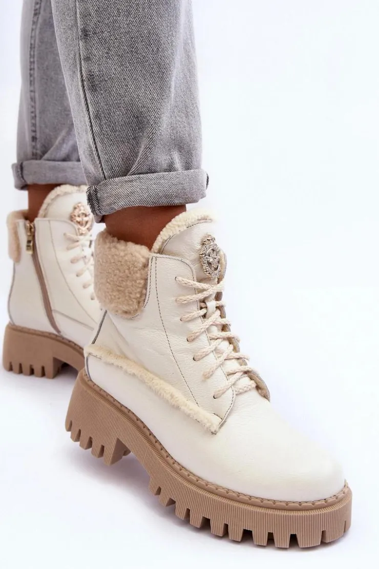 Damskie Zazoo Damskie Skórzane Trapery Botki Kremowe Lemar Vergo