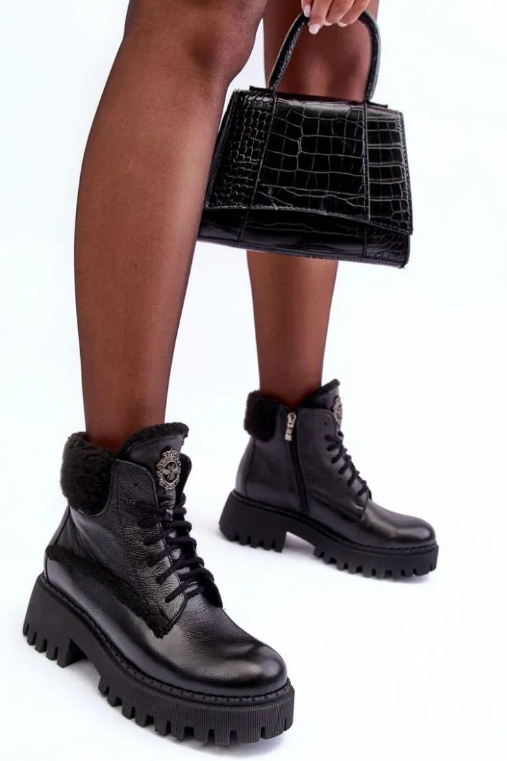 Zazoo Damskie Trapery|Botki Sznurowane*Damskie Skórzane Trapery Botki Czarne Lemar Vergo - Wzór 2