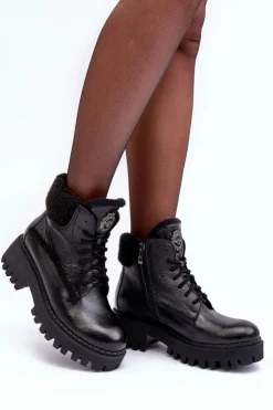 Zazoo Damskie Trapery|Botki Sznurowane*Damskie Skórzane Trapery Botki Czarne Lemar Vergo - Wzór 2