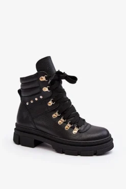 Sale Zazoo Damskie Skórzane Trapery Botki Sznurowane K01 Czarne