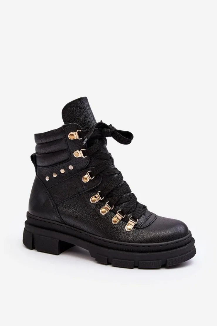 Sale Zazoo Damskie Skórzane Trapery Botki Sznurowane K01 Czarne