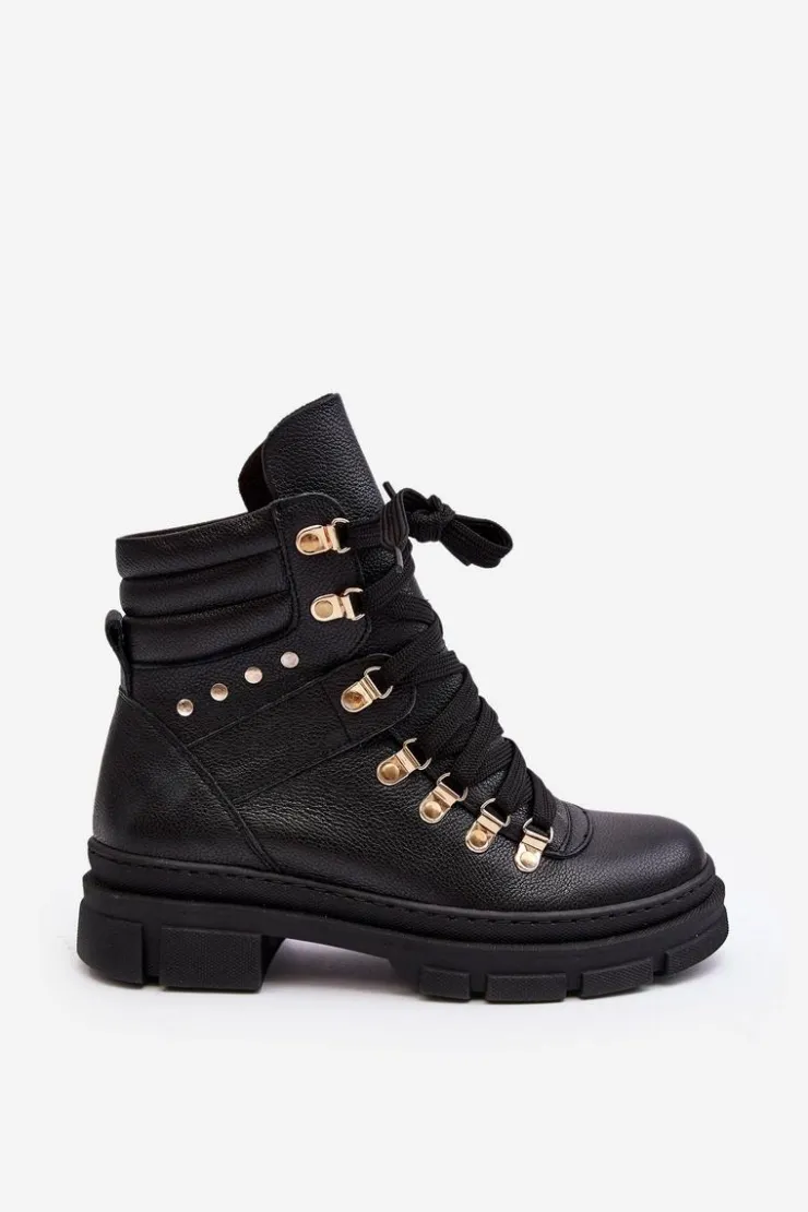 Sale Zazoo Damskie Skórzane Trapery Botki Sznurowane K01 Czarne