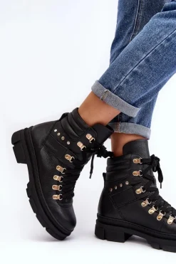 Sale Zazoo Damskie Skórzane Trapery Botki Sznurowane K01 Czarne
