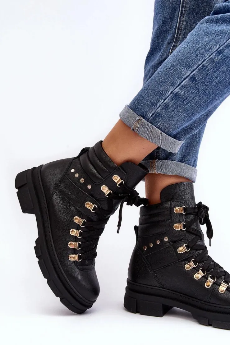 Sale Zazoo Damskie Skórzane Trapery Botki Sznurowane K01 Czarne