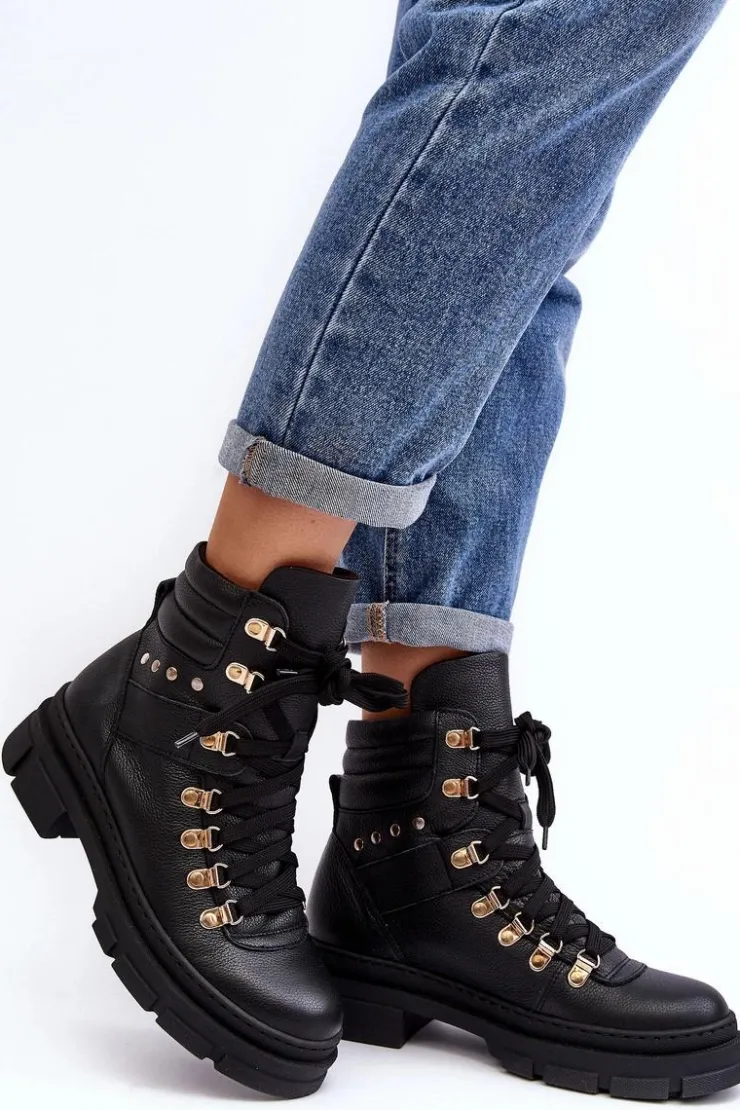Sale Zazoo Damskie Skórzane Trapery Botki Sznurowane K01 Czarne