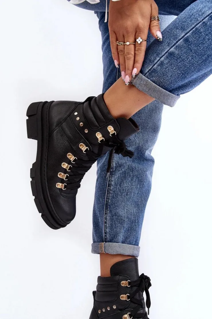 Sale Zazoo Damskie Skórzane Trapery Botki Sznurowane K01 Czarne