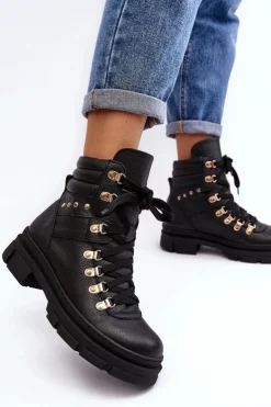 Sale Zazoo Damskie Skórzane Trapery Botki Sznurowane K01 Czarne