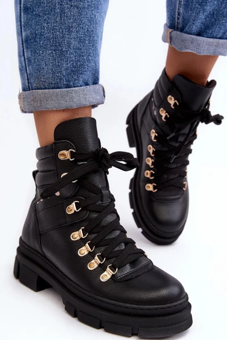 Sale Zazoo Damskie Skórzane Trapery Botki Sznurowane K01 Czarne
