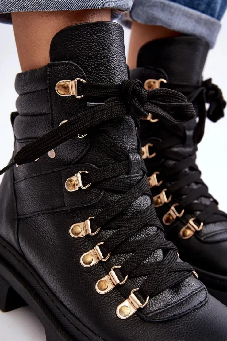 Sale Zazoo Damskie Skórzane Trapery Botki Sznurowane K01 Czarne