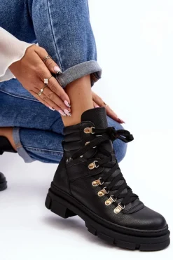 Sale Zazoo Damskie Skórzane Trapery Botki Sznurowane K01 Czarne