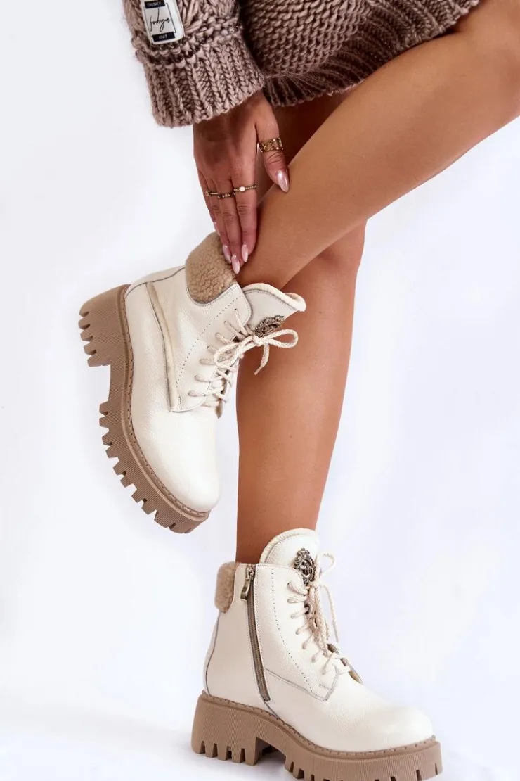 Zazoo Damskie Skórzane Trapery Botki Jasnobeżowe Lemar Vergo