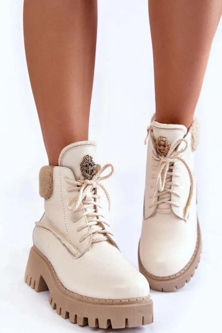 Zazoo Damskie Skórzane Trapery Botki Jasnobeżowe Lemar Vergo