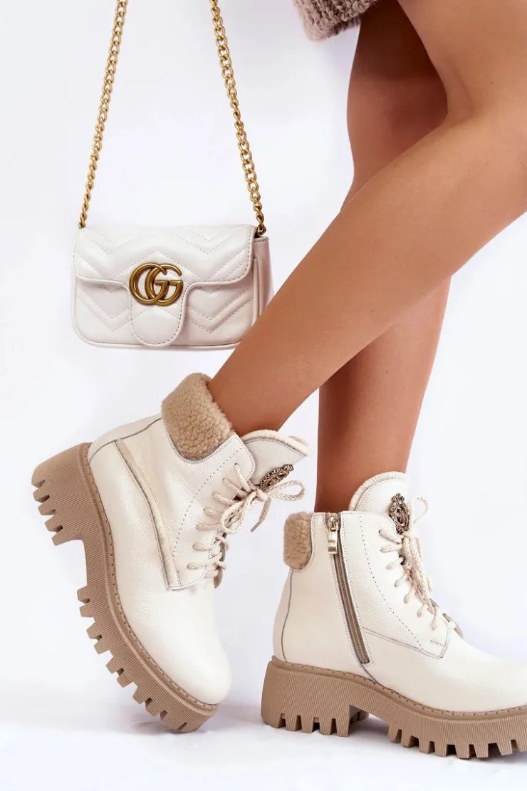 Zazoo Damskie Skórzane Trapery Botki Jasnobeżowe Lemar Vergo