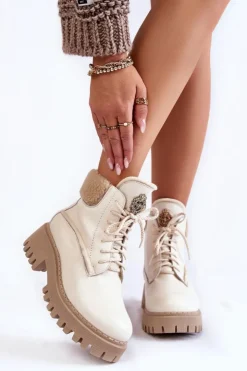 Zazoo Damskie Skórzane Trapery Botki Jasnobeżowe Lemar Vergo