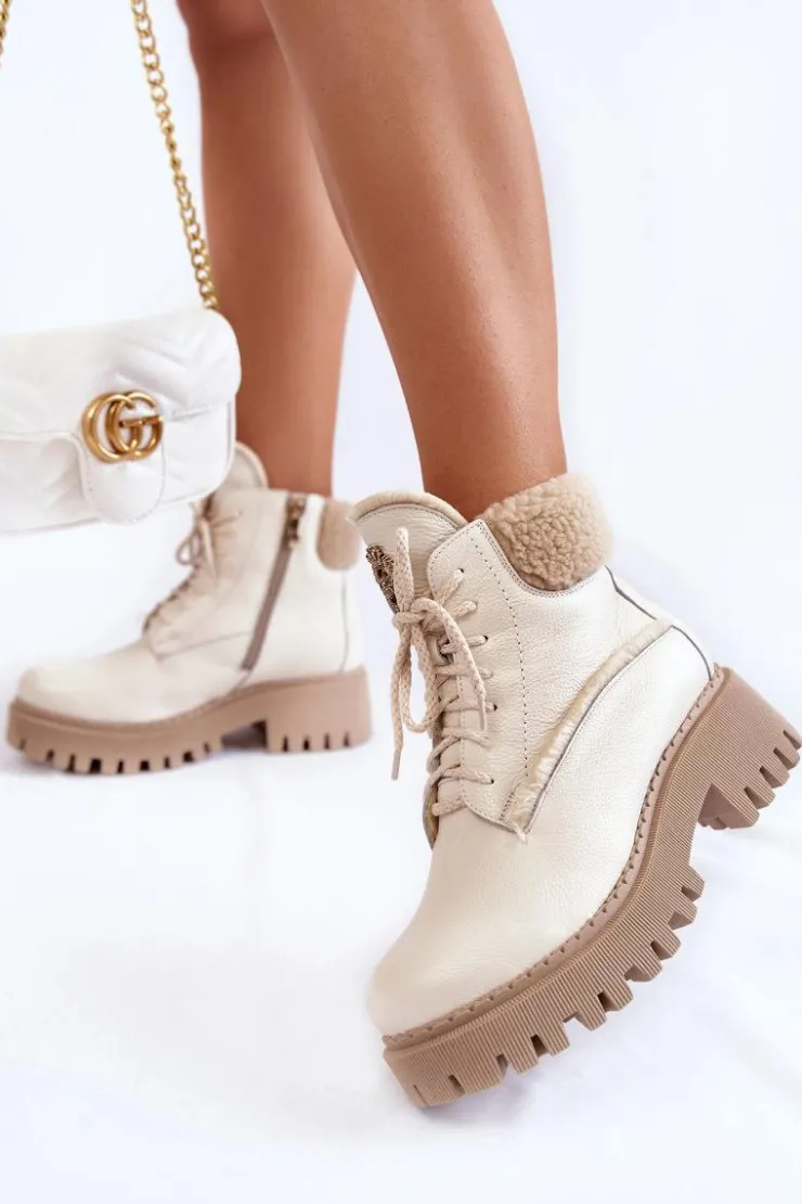 Zazoo Damskie Skórzane Trapery Botki Jasnobeżowe Lemar Vergo