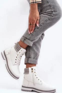 Evento Damskie Trapery|Botki Sznurowane*Damskie Skórzane Trapery Ocieplane Białe Katalis
