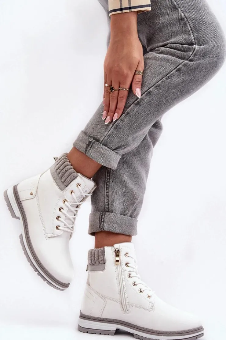 Evento Damskie Trapery|Botki Sznurowane*Damskie Skórzane Trapery Ocieplane Białe Katalis